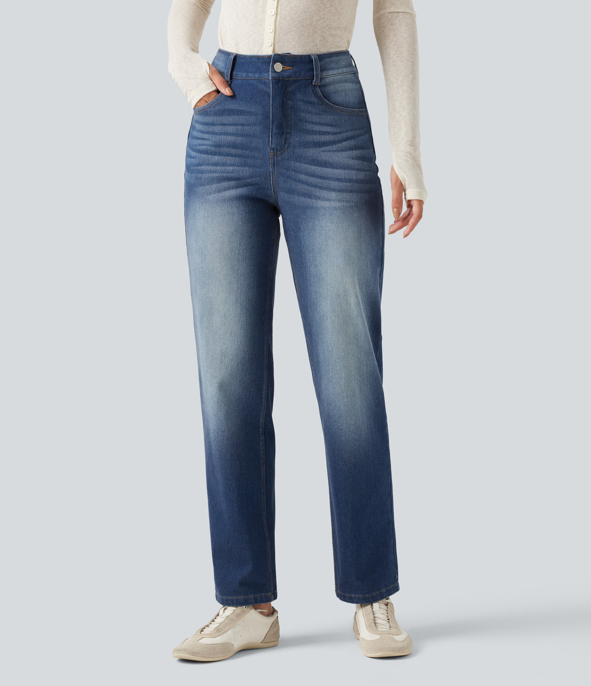 High Waisted Tummy Control Straight Leg Washed Casual Jeans with Pockets — Baja Blue Denim — view 3