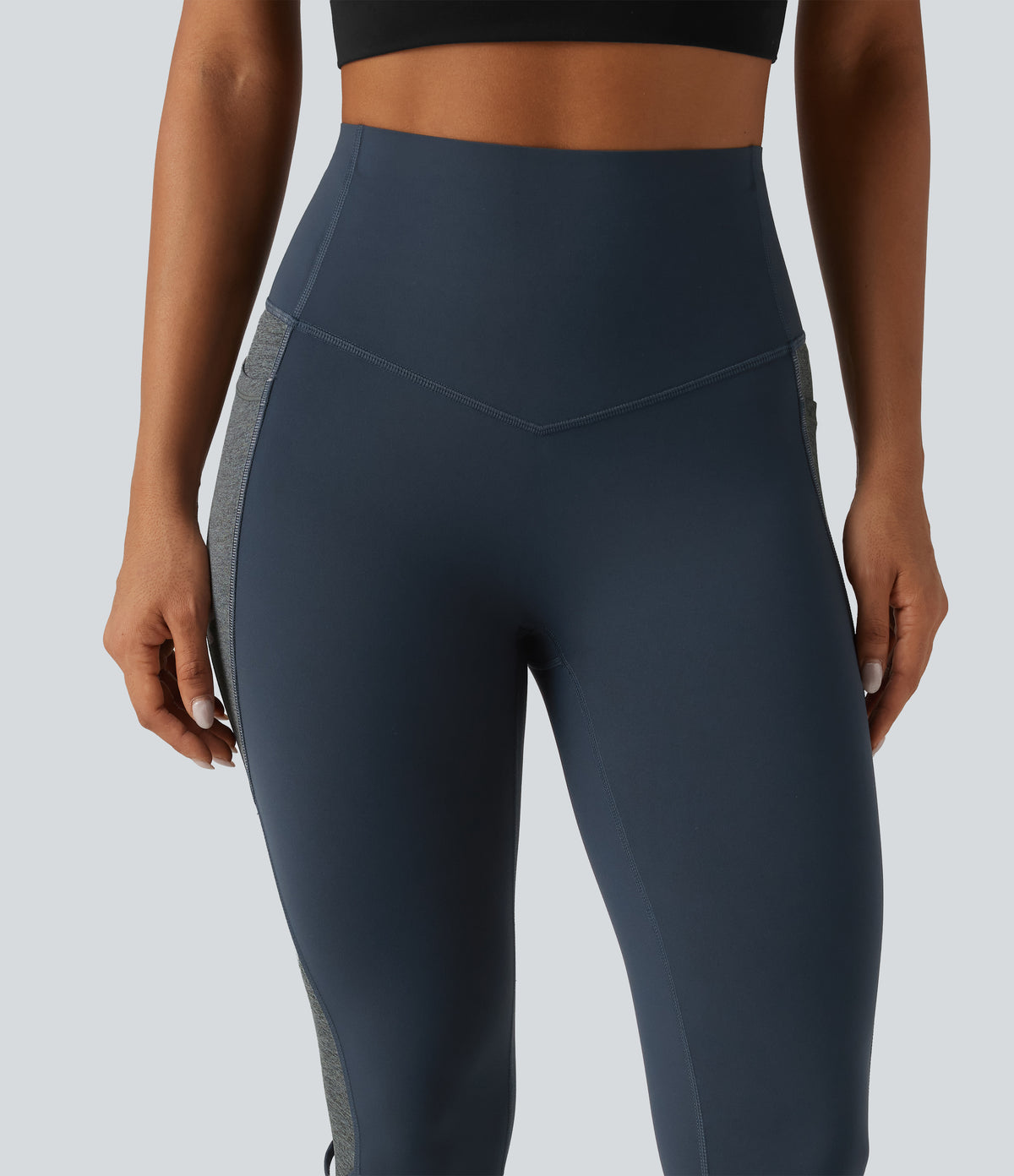 High Waisted Tummy Control Color Block Yoga Leggings with Pockets — Carbon — view 7