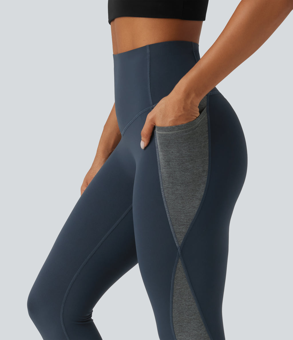 High Waisted Tummy Control Color Block Yoga Leggings with Pockets — Carbon — view 5