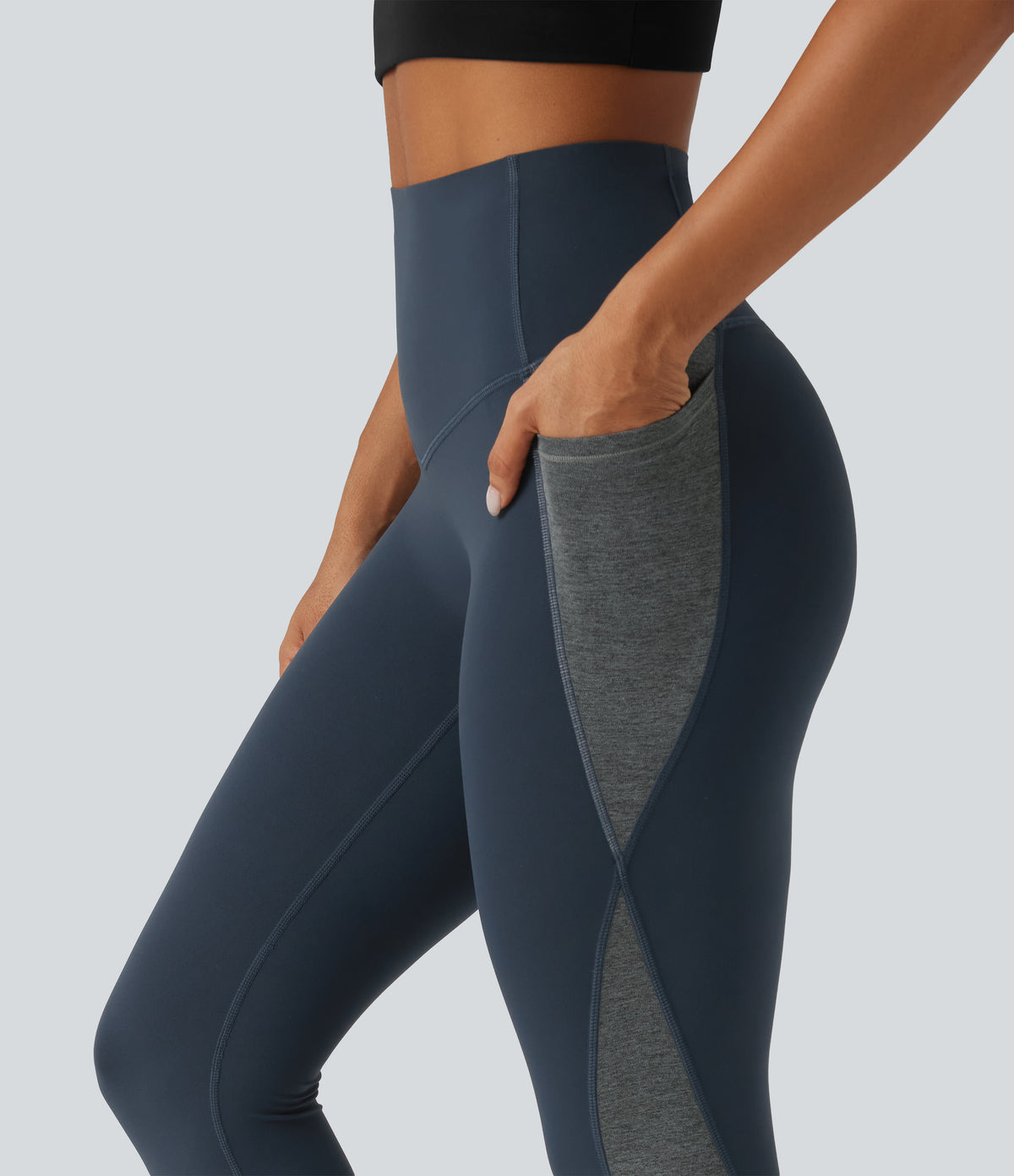 High Waisted Tummy Control Color Block Yoga Leggings with Pockets — Carbon — view 5