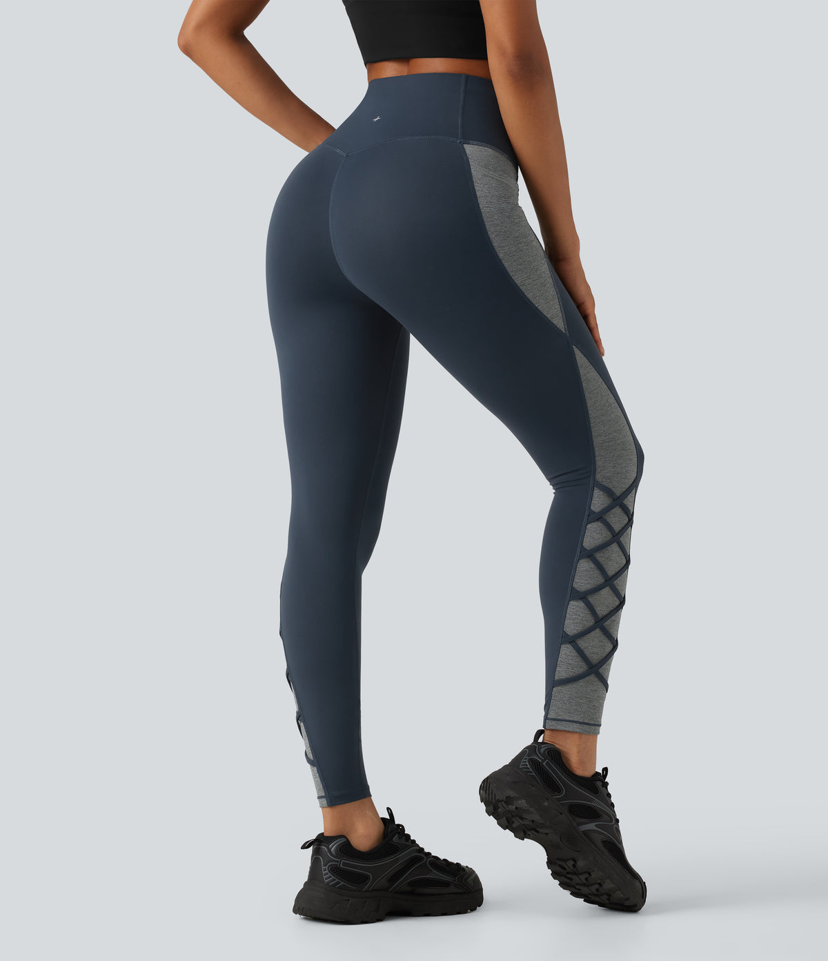 High Waisted Tummy Control Color Block Yoga Leggings with Pockets — Carbon — view 2