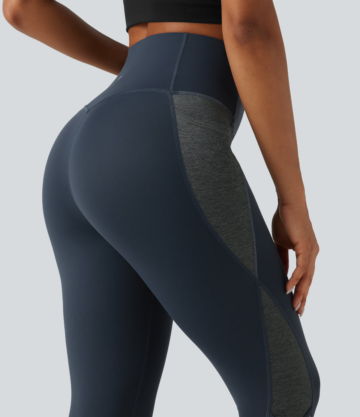 High Waisted Tummy Control Color Block Yoga Leggings with Pockets — Carbon — view 6