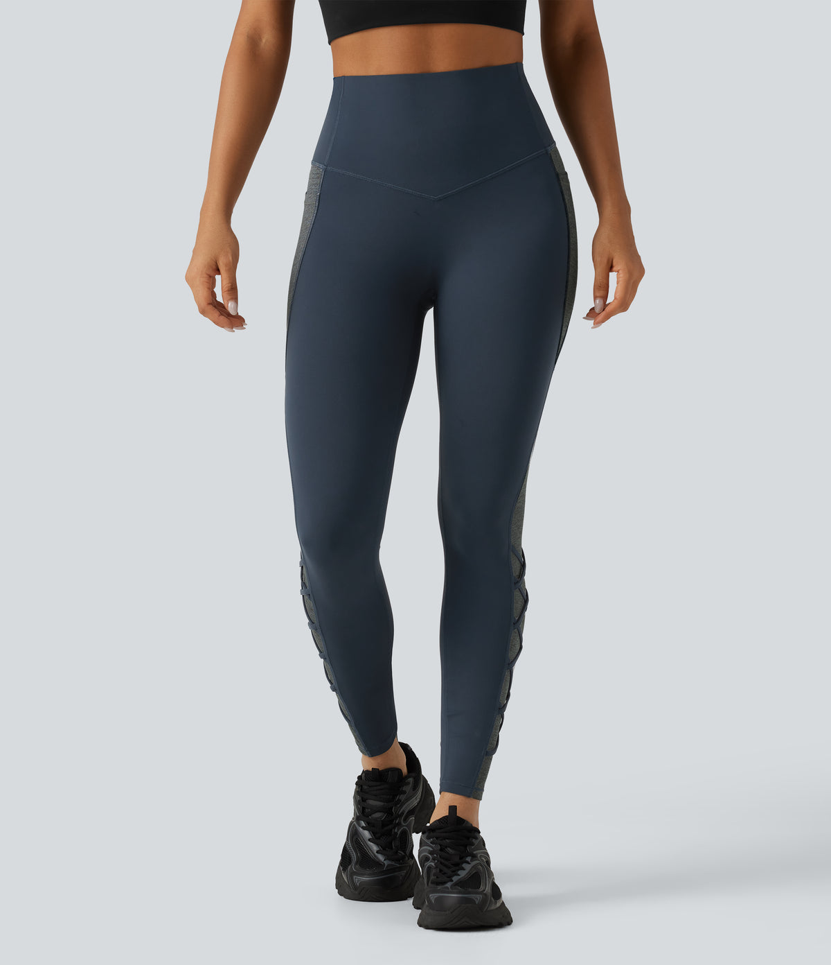 High Waisted Tummy Control Color Block Yoga Leggings with Pockets — Carbon — view 3