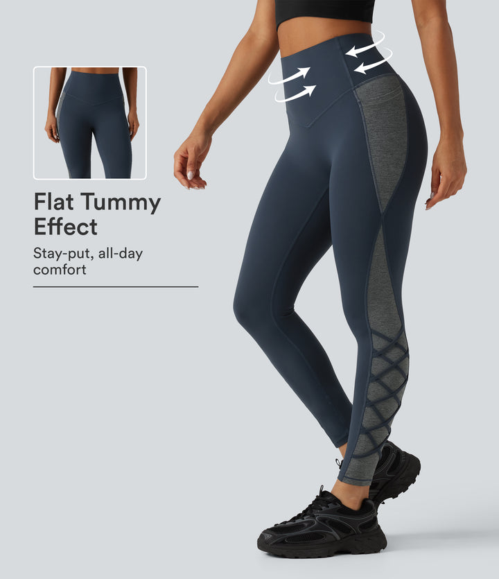 High Waisted Tummy Control Color Block Yoga Leggings with Pockets — Carbon — view 1