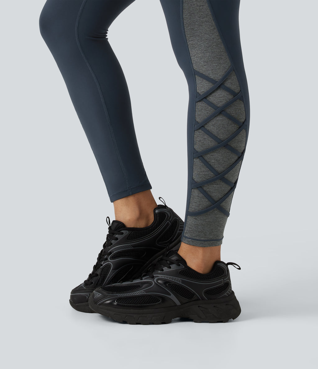 High Waisted Tummy Control Color Block Yoga Leggings with Pockets — Carbon — view 4