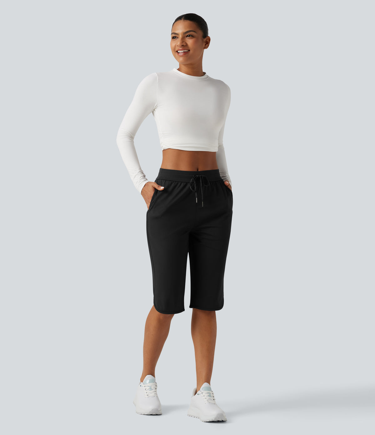 Mid Rise Drawstring Curved Hem Pedal Pusher Quick Dry Golf Trousers with Pockets-UPF40+ — Black — view 7