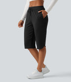 Mid Rise Drawstring Curved Hem Pedal Pusher Quick Dry Golf Trousers with Pockets-UPF40+ — Black — view 1