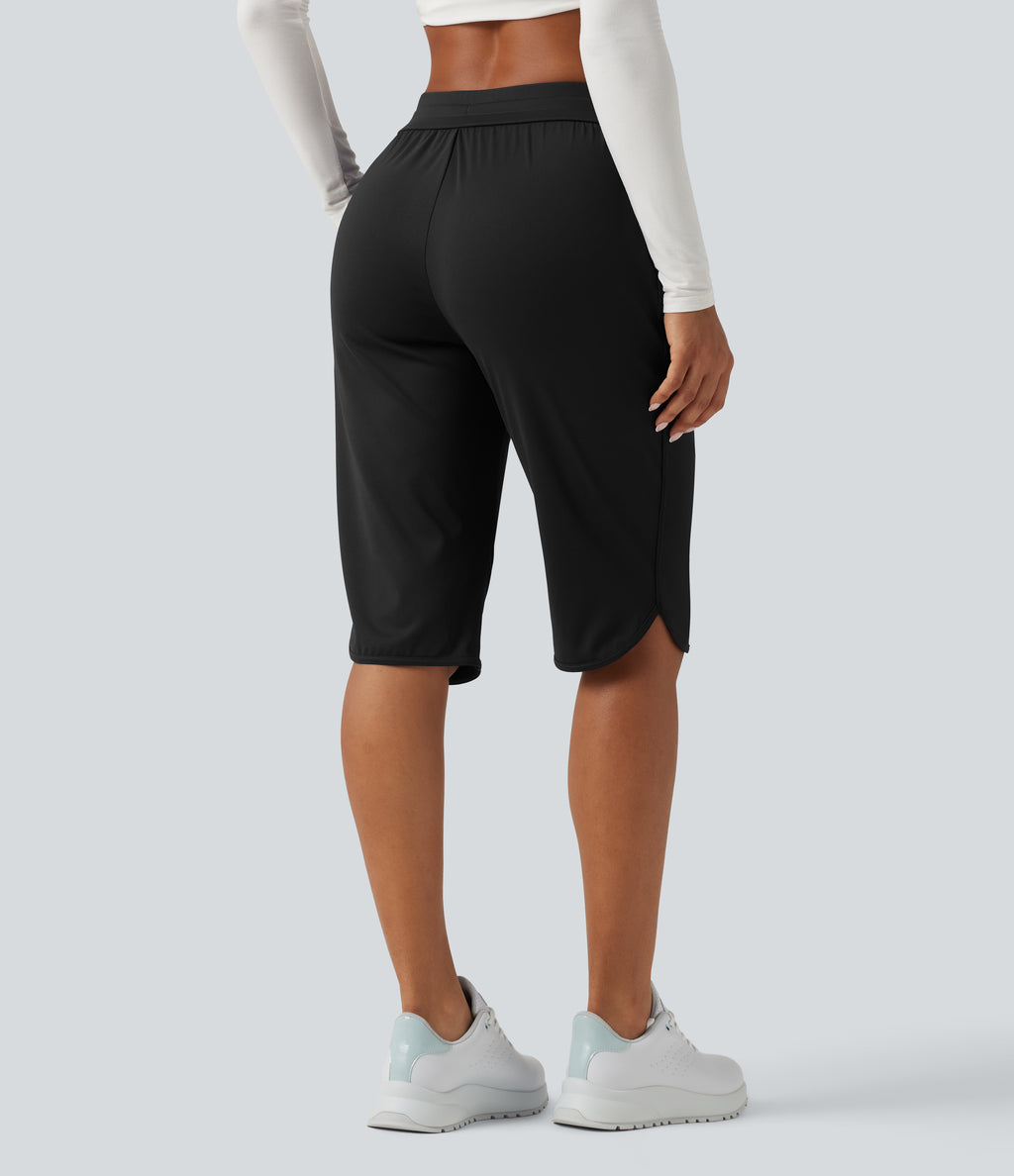 Mid Rise Drawstring Curved Hem Pedal Pusher Quick Dry Golf Trousers with Pockets-UPF40+ — Black — view 2