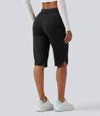 Mid Rise Drawstring Curved Hem Pedal Pusher Quick Dry Golf Trousers with Pockets-UPF40+ — Black — view 2