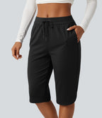 Mid Rise Drawstring Curved Hem Pedal Pusher Quick Dry Golf Trousers with Pockets-UPF40+ — Black — view 4