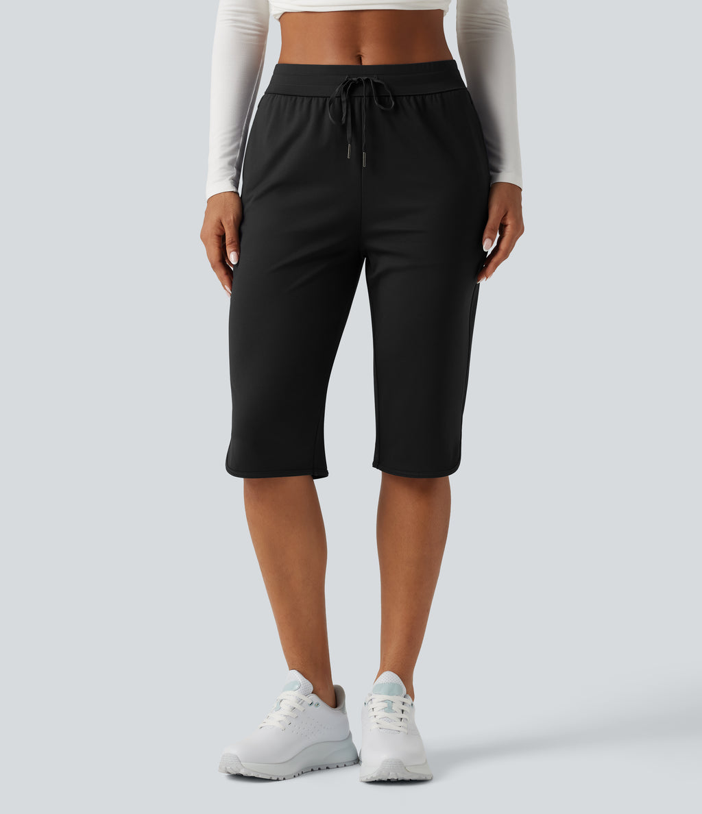 Mid Rise Drawstring Curved Hem Pedal Pusher Quick Dry Golf Trousers with Pockets-UPF40+ — Black — view 3