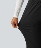 Mid Rise Drawstring Curved Hem Pedal Pusher Quick Dry Golf Trousers with Pockets-UPF40+ — Black — view 6