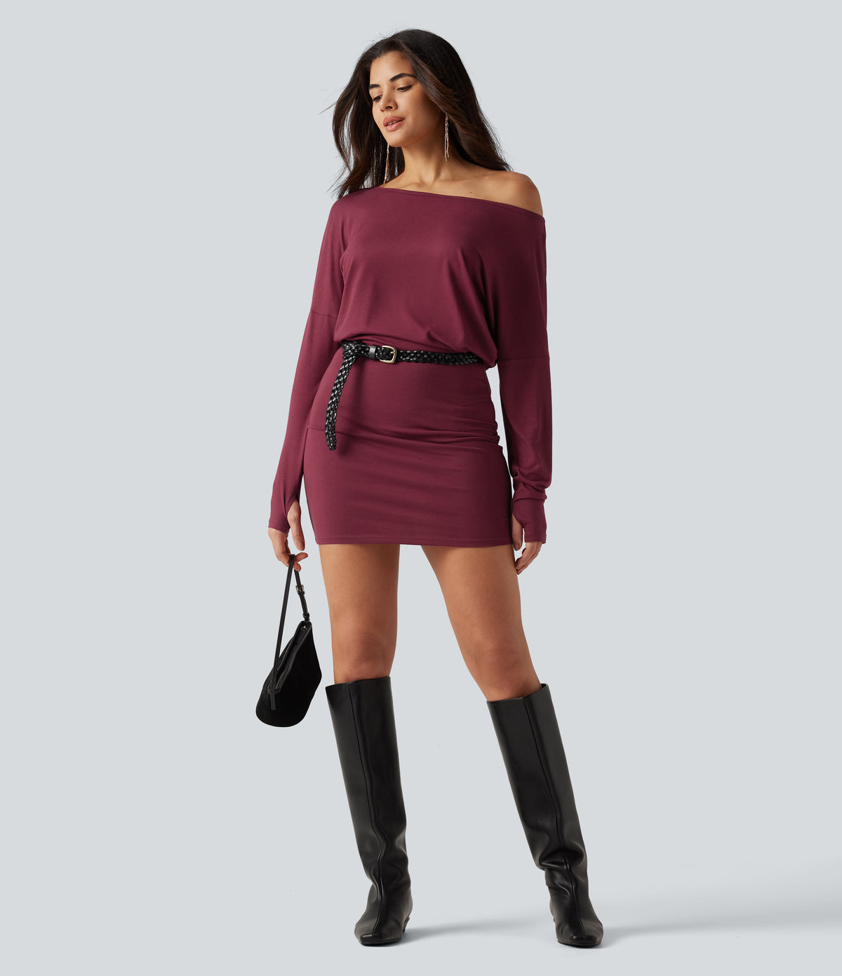 One Shoulder Long Sleeve Thumb Hole Bodycon Ruched Mini Dress — Tibetan Red — view 7