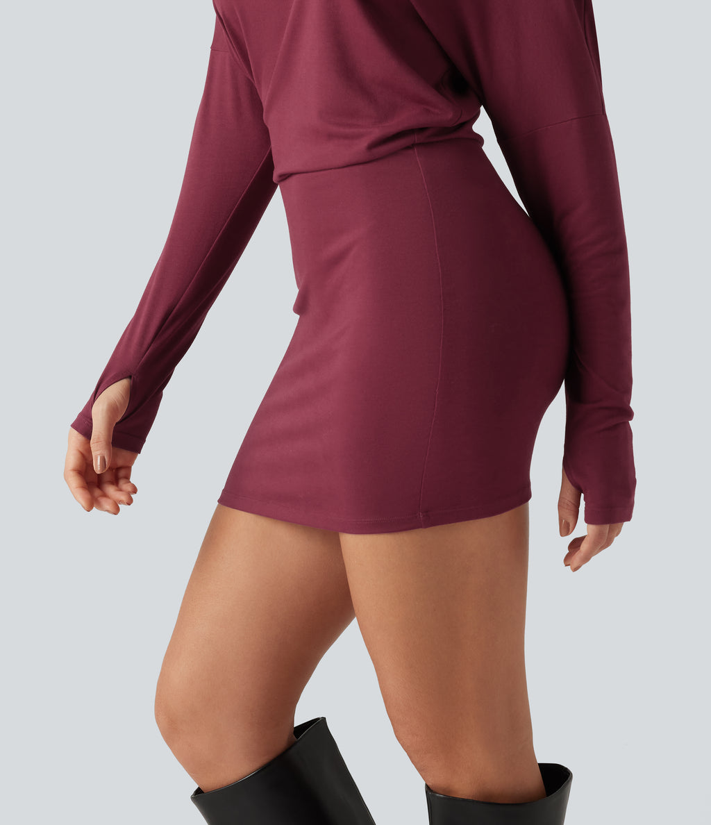 One Shoulder Long Sleeve Thumb Hole Bodycon Ruched Mini Dress — Tibetan Red — view 5