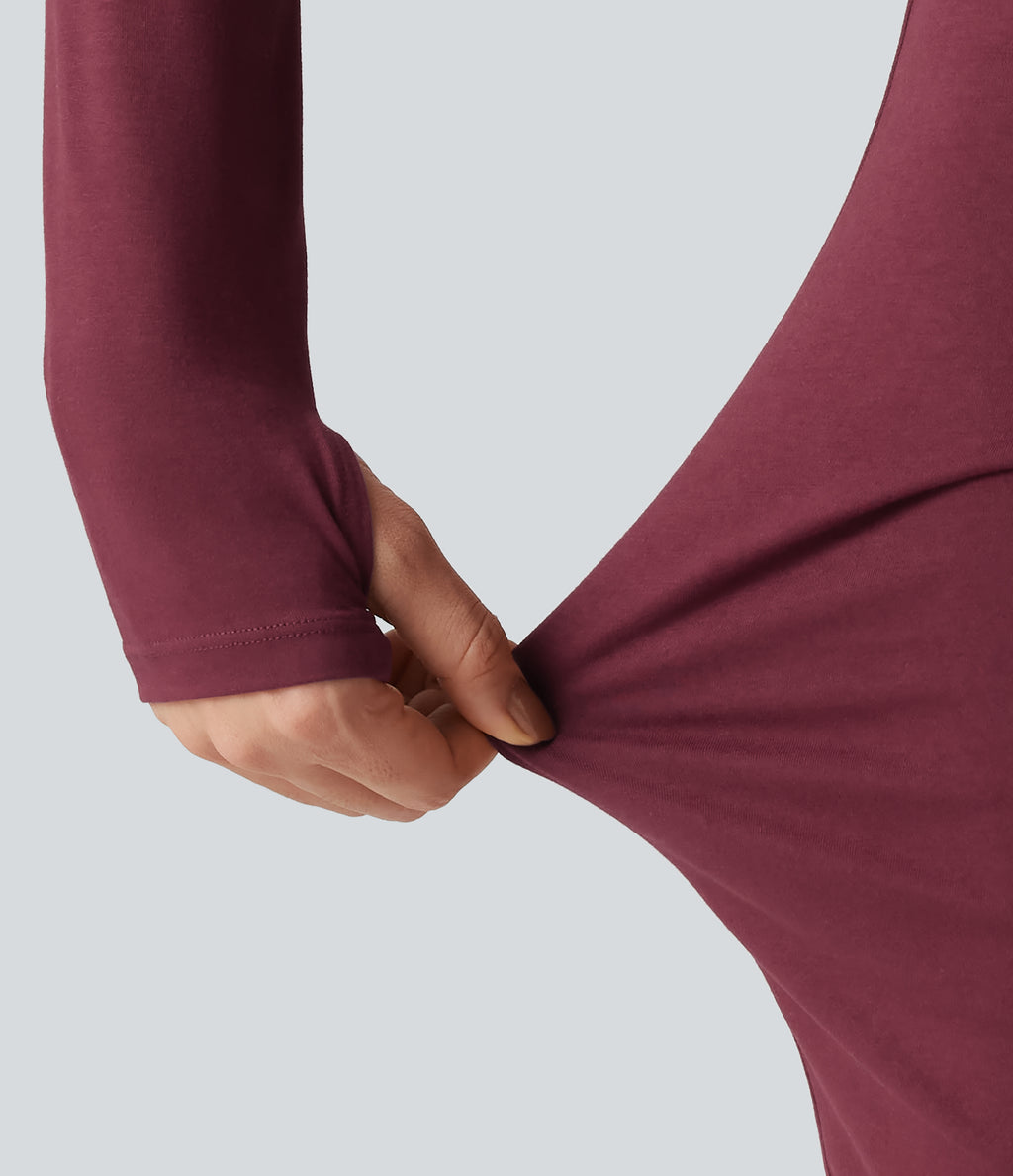 One Shoulder Long Sleeve Thumb Hole Bodycon Ruched Mini Dress — Tibetan Red — view 6