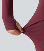One Shoulder Long Sleeve Thumb Hole Bodycon Ruched Mini Dress — Tibetan Red — view 6