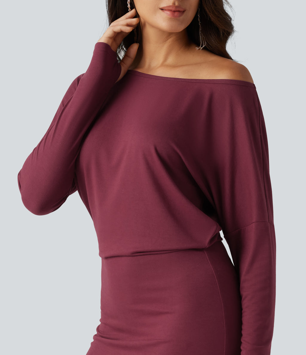 One Shoulder Long Sleeve Thumb Hole Bodycon Ruched Mini Dress — Tibetan Red — view 4