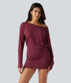 One Shoulder Long Sleeve Thumb Hole Bodycon Ruched Mini Dress — Tibetan Red — view 3