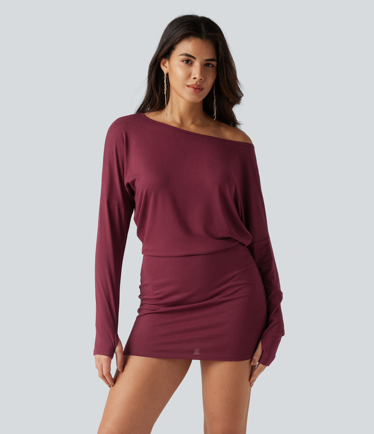 One Shoulder Long Sleeve Thumb Hole Bodycon Ruched Mini Dress — Tibetan Red — view 3