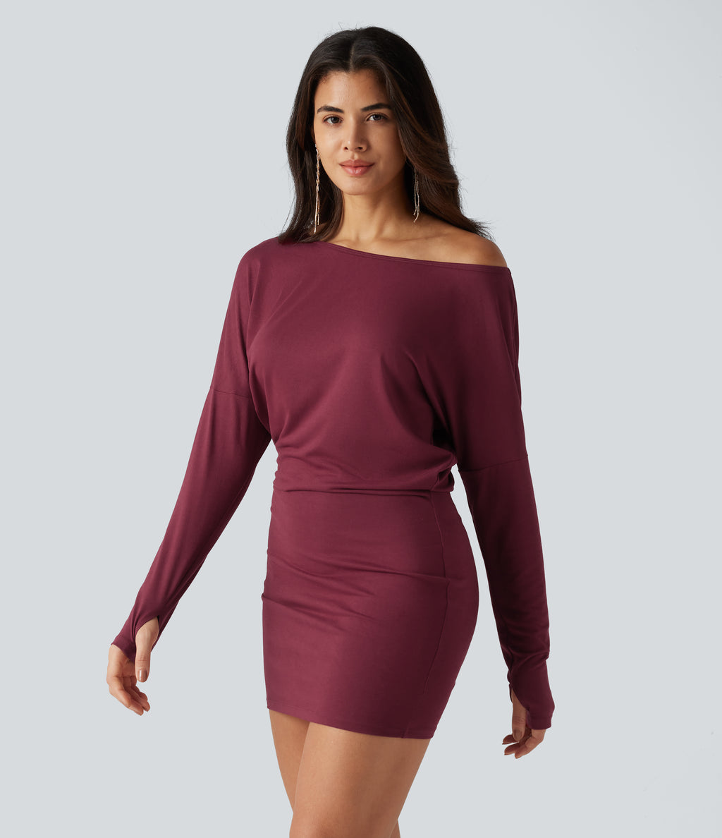One Shoulder Long Sleeve Thumb Hole Bodycon Ruched Mini Dress — Tibetan Red — view 1