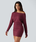 One Shoulder Long Sleeve Thumb Hole Bodycon Ruched Mini Dress — Tibetan Red — view 1