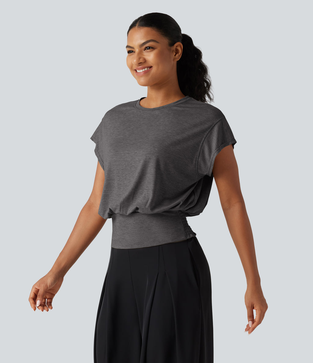 Round Neck Short Sleeve Ruched Casual T-Shirt — Darl Gray Floral Yarn — view 3