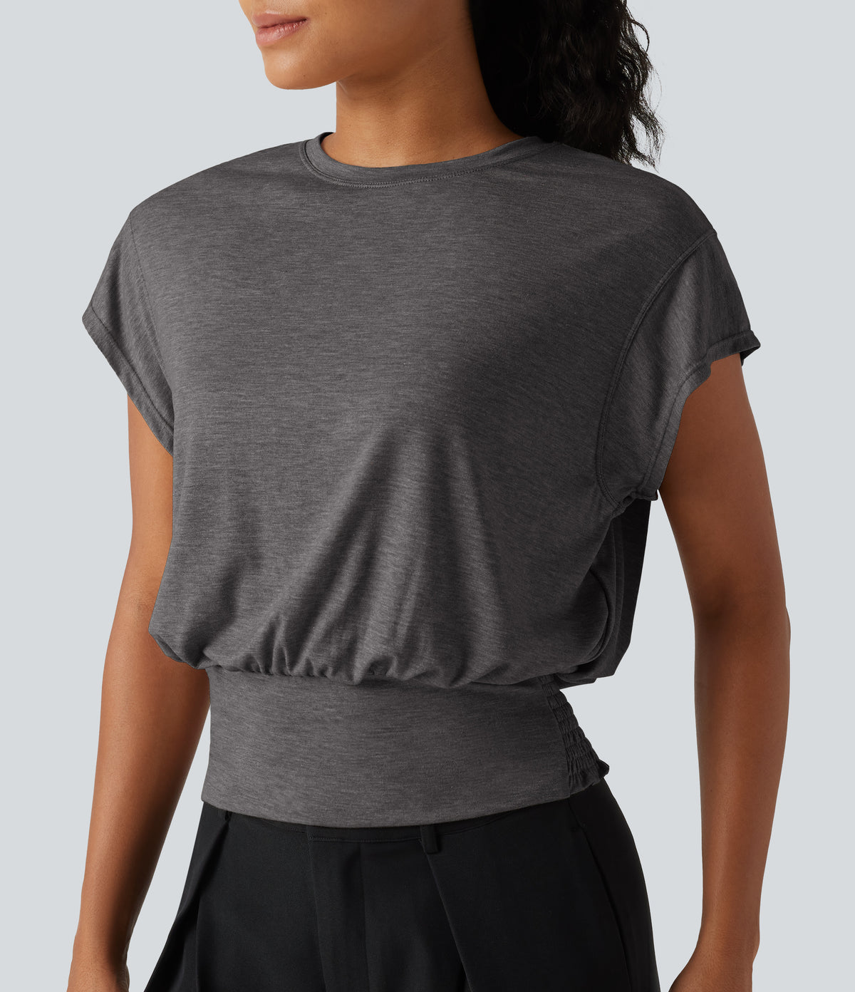 Round Neck Short Sleeve Ruched Casual T-Shirt — Darl Gray Floral Yarn — view 5