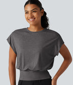 Round Neck Short Sleeve Ruched Casual T-Shirt — Darl Gray Floral Yarn — view 1