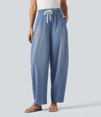 Mid Rise Drawstring Barrel Leg Casual Jeans with Pockets — Vallarta Blue Denim — view 1