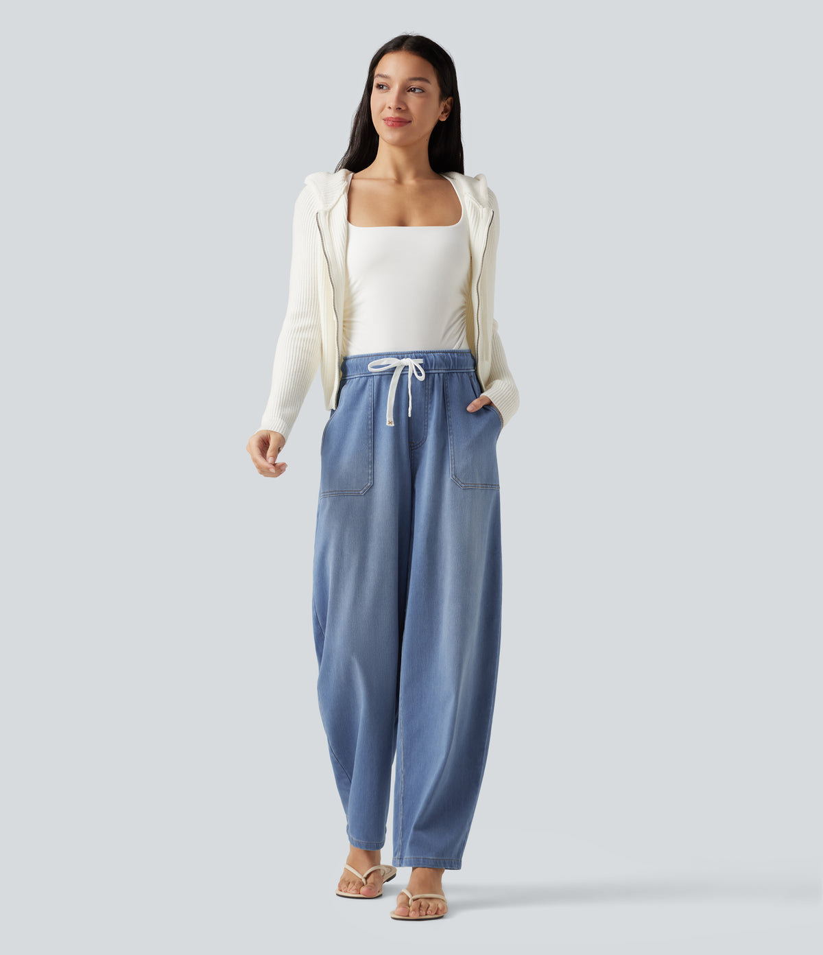 Mid Rise Drawstring Barrel Leg Casual Jeans with Pockets — Vallarta Blue Denim — view 7
