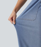 Mid Rise Drawstring Barrel Leg Casual Jeans with Pockets — Vallarta Blue Denim — view 6