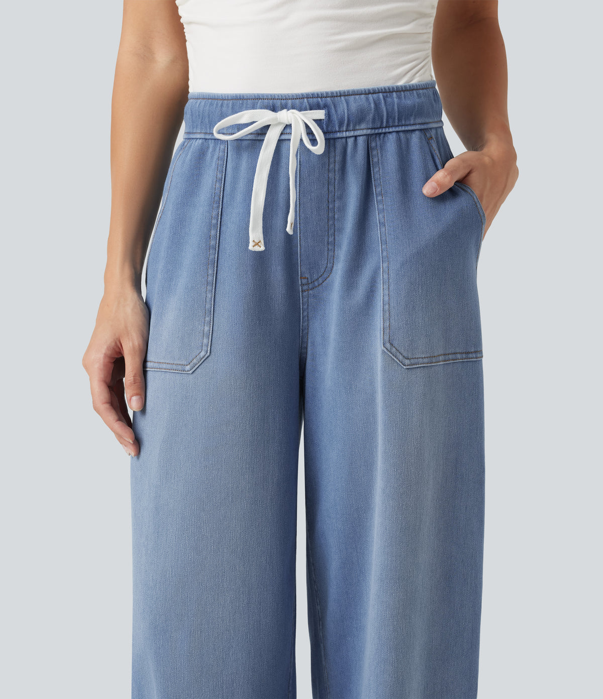 Mid Rise Drawstring Barrel Leg Casual Jeans with Pockets — Vallarta Blue Denim — view 4