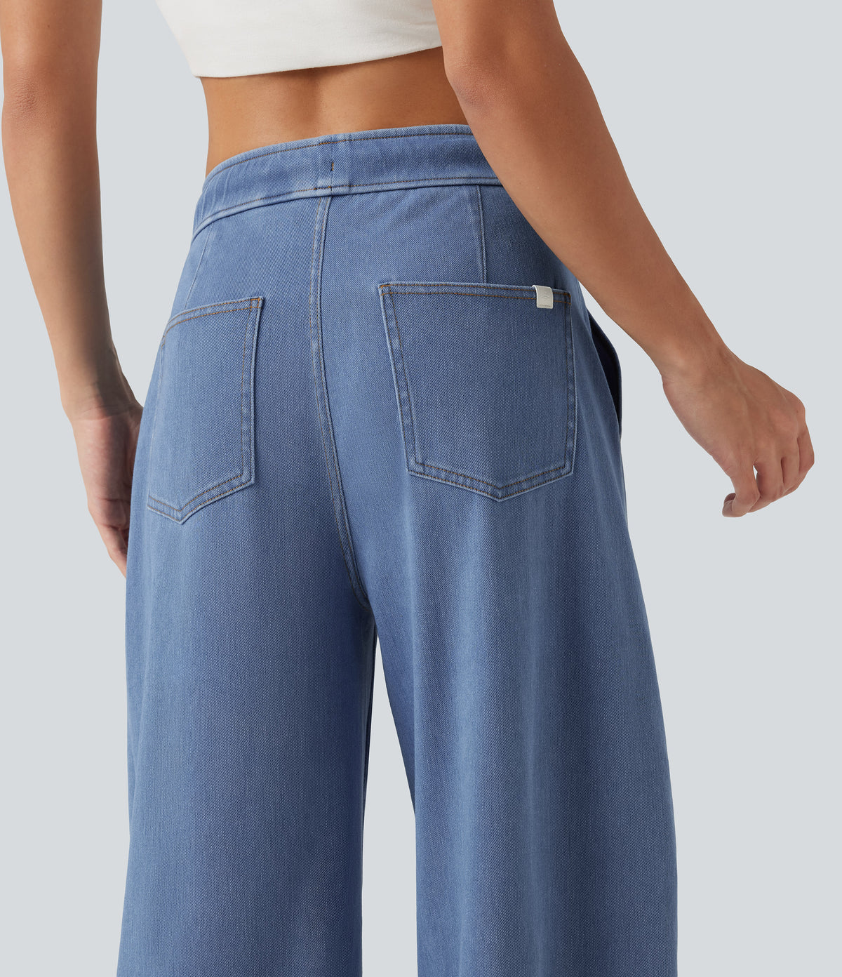 Mid Rise Drawstring Barrel Leg Casual Jeans with Pockets — Vallarta Blue Denim — view 5