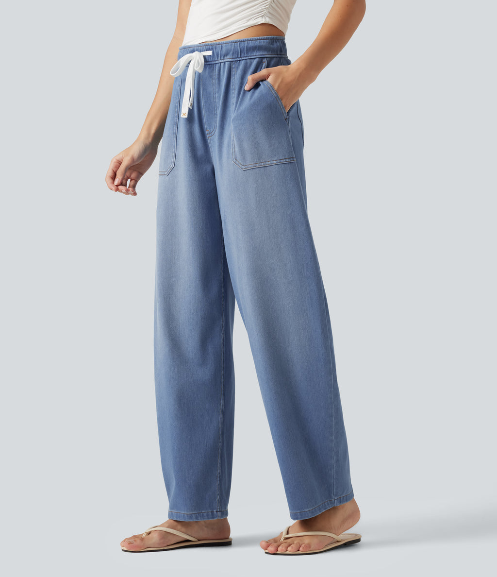 Mid Rise Drawstring Barrel Leg Casual Jeans with Pockets — Vallarta Blue Denim — view 3