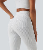 High Waisted Drawstring Stripe Flare Yoga Trousers with Pockets — Zebra Ripple — view 4