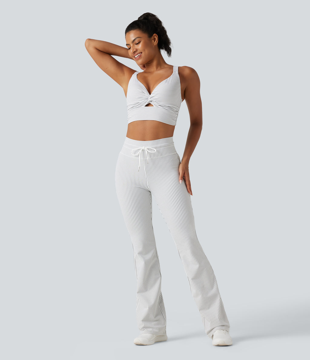 High Waisted Drawstring Stripe Flare Yoga Trousers with Pockets — Zebra Ripple — view 7