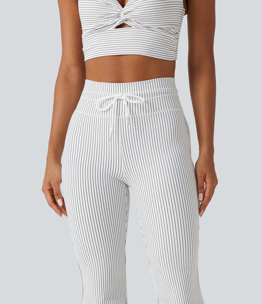 High Waisted Drawstring Stripe Flare Yoga Trousers with Pockets — Zebra Ripple — view 5