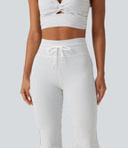 High Waisted Drawstring Stripe Flare Yoga Trousers with Pockets — Zebra Ripple — view 5
