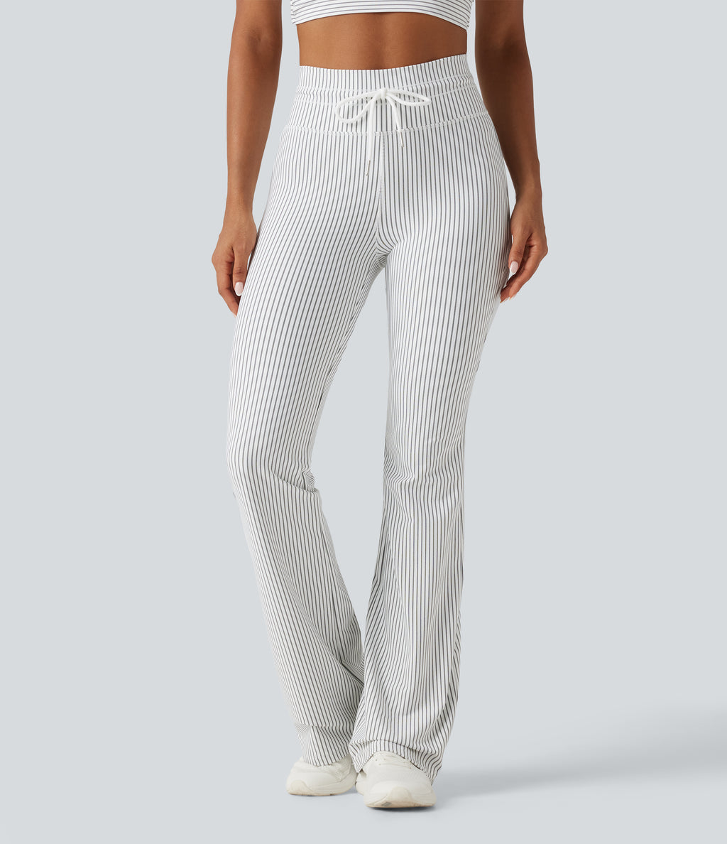 High Waisted Drawstring Stripe Flare Yoga Trousers with Pockets — Zebra Ripple — view 3