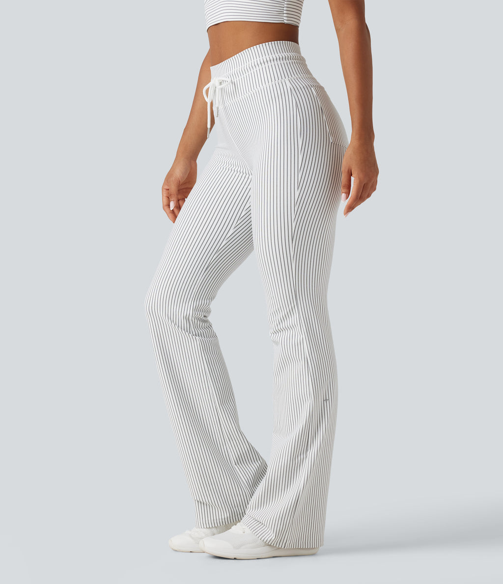 High Waisted Drawstring Stripe Flare Yoga Trousers with Pockets — Zebra Ripple — view 1