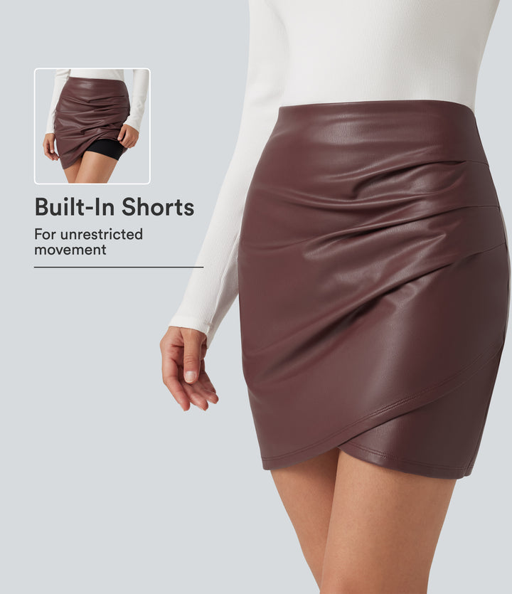High Waisted 2-in-1 Ruched Crossover Hem Bodycon Fleece Mini Casual PU Leather Skirt — Red Mahogany — view 1