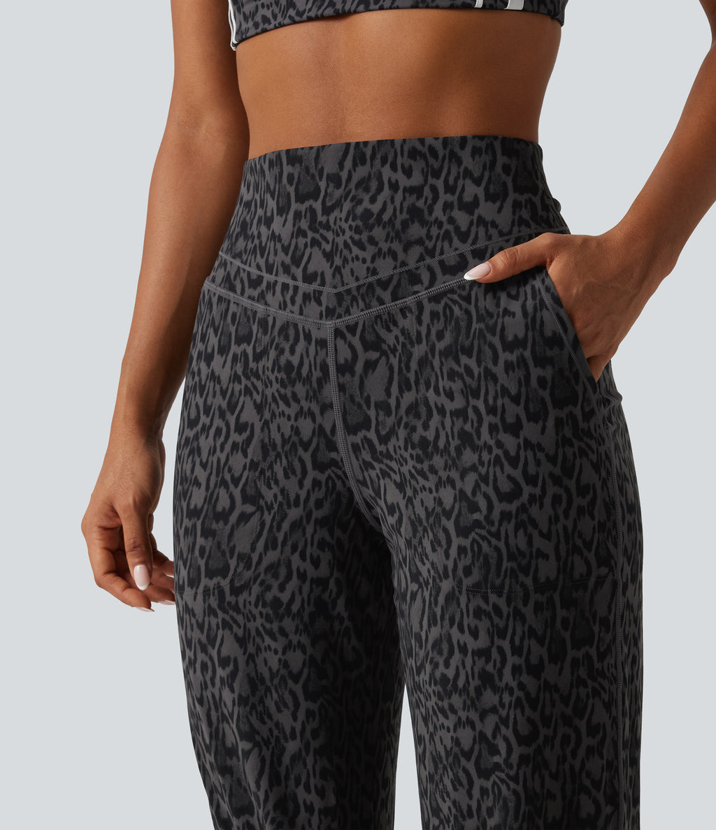 Leopard Print High Waisted Tummy Control Yoga Joggers with Pockets — Shadow Leopard — view 5