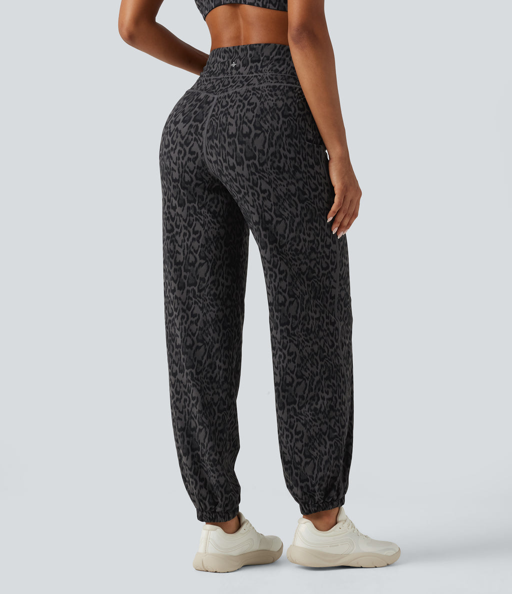 Leopard Print High Waisted Tummy Control Yoga Joggers with Pockets — Shadow Leopard — view 2