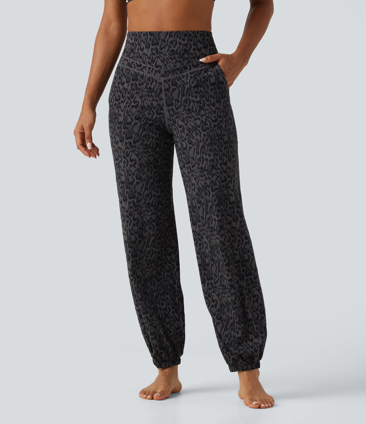 Leopard Print High Waisted Tummy Control Yoga Joggers with Pockets — Shadow Leopard — view 4