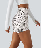 High Waisted Ruched Polka Dot Casual Shorts 3'' with Pockets — Snow Dots — view 4