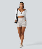 High Waisted Ruched Polka Dot Casual Shorts 3'' with Pockets — Snow Dots — view 8