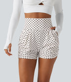 High Waisted Ruched Polka Dot Casual Shorts 3'' with Pockets — Snow Dots — view 1