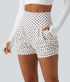 High Waisted Ruched Polka Dot Casual Shorts 3'' with Pockets — Snow Dots — view 5