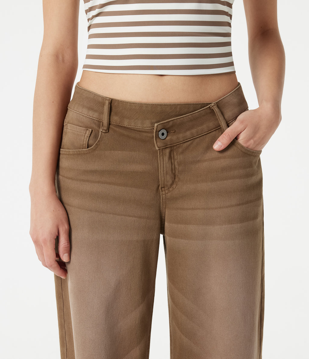Asymmetric Low Rise Wide Leg Colorful Washed Casual Jeans with Pockets — Caramel Café — view 5