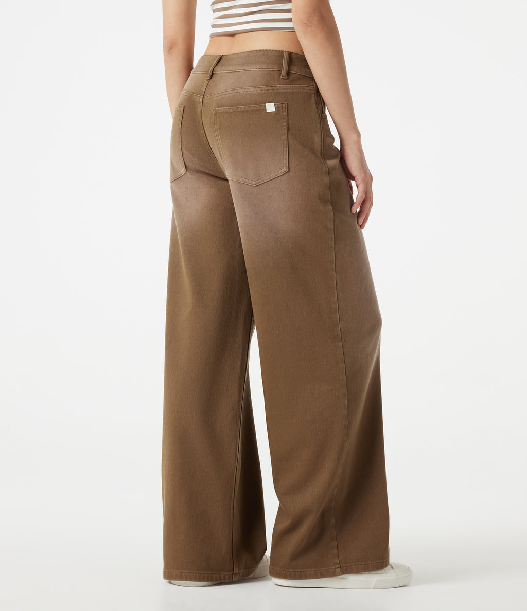 Asymmetric Low Rise Wide Leg Colorful Washed Casual Jeans with Pockets — Caramel Café — view 2